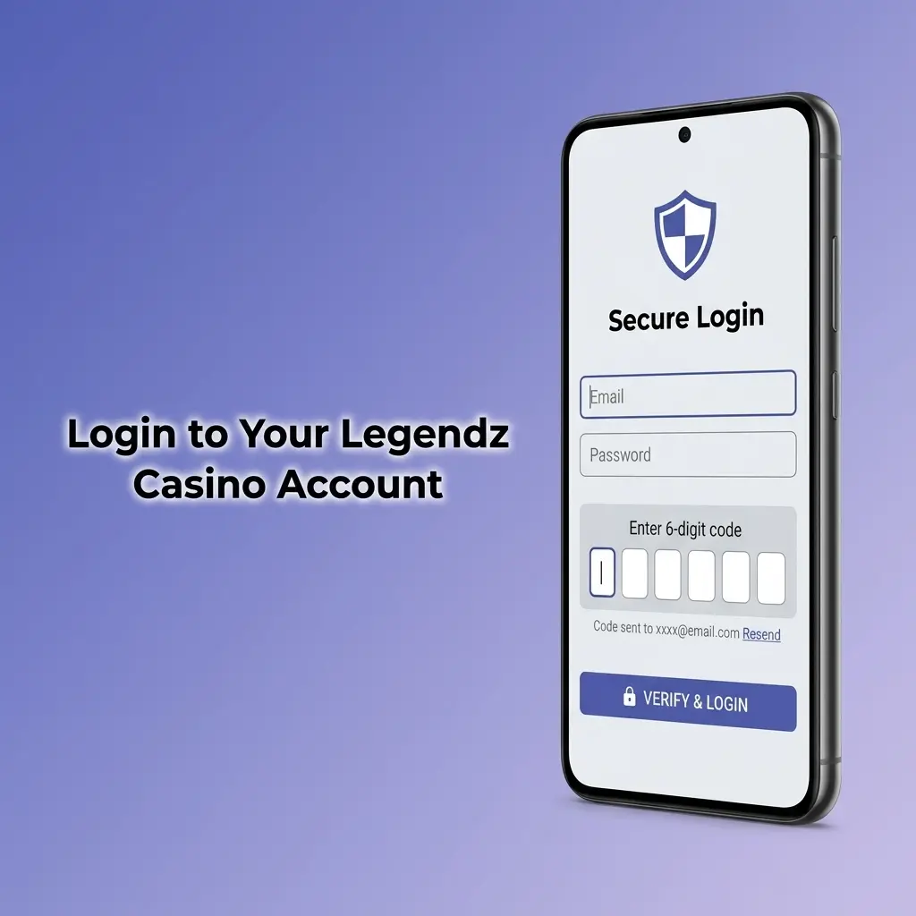 Legendz Casino login page showing sign-in form with email, password fields, and two-factor authentication steps