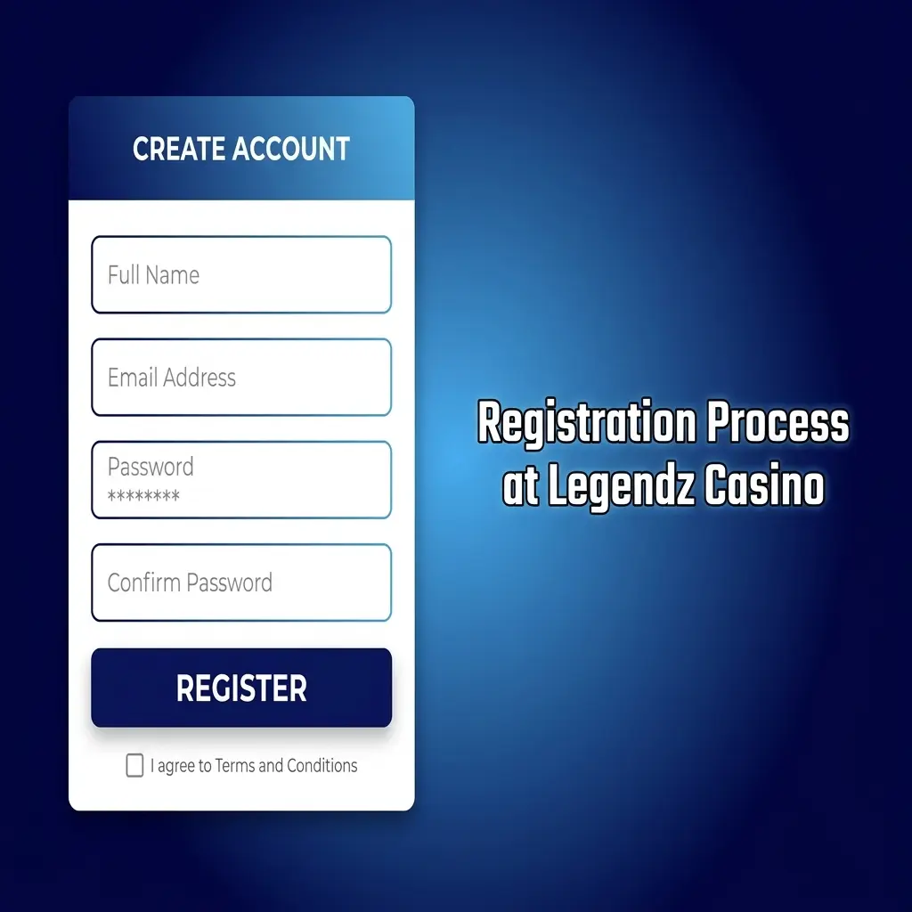 Step-by-step Legendz Casino registration process showing sign-up form, email verification, and first deposit to claim welcome bonus